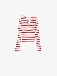 Uzun Kollu Pamuklu Kurdele Detaylı V Yaka Çizgili Tişört