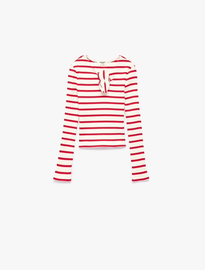 Kız Çocuk Uzun Kollu Pamuklu Kurdele Detaylı V Yaka Çizgili Tişört