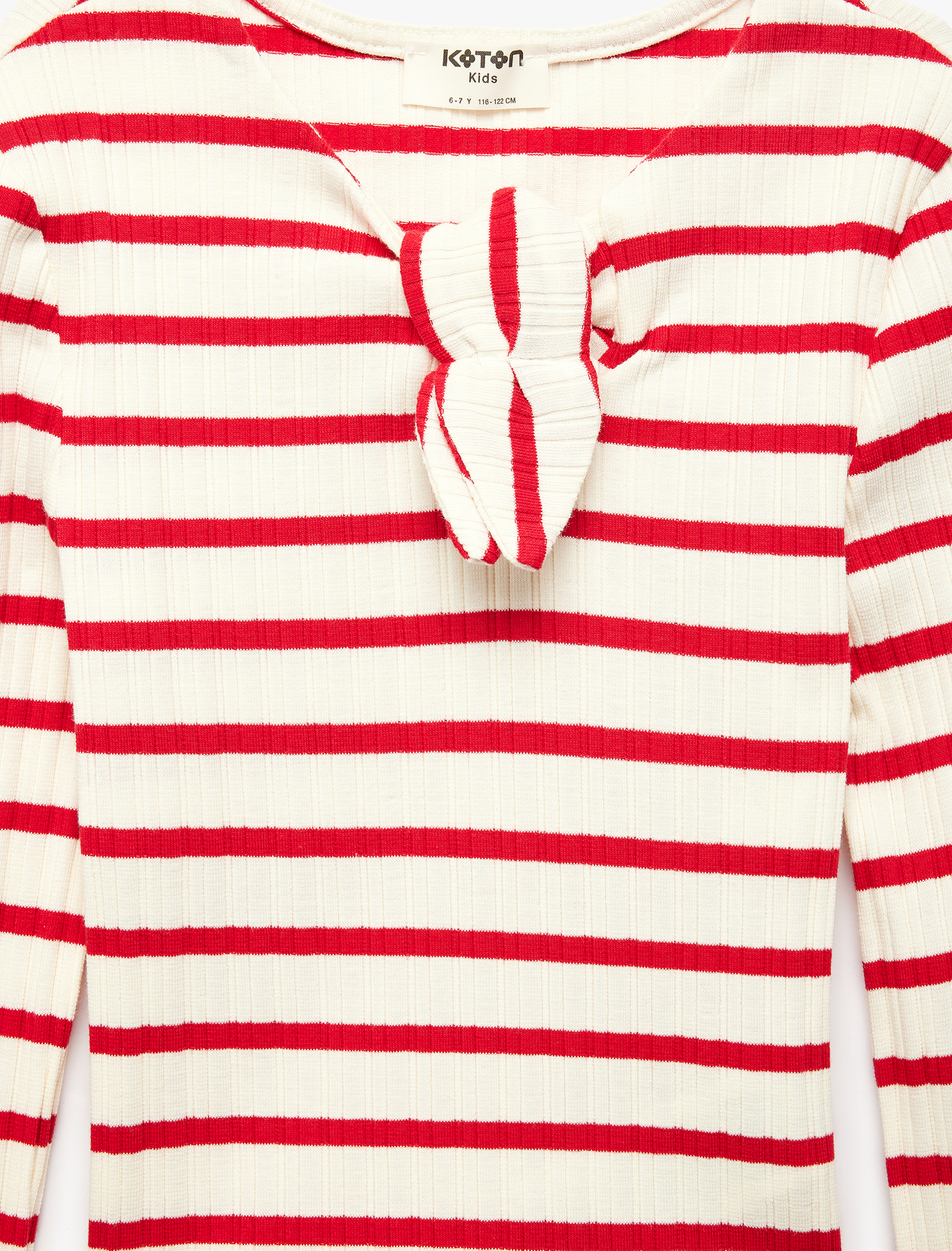  Kız Çocuk Uzun Kollu Pamuklu Kurdele Detaylı V Yaka Çizgili Tişört