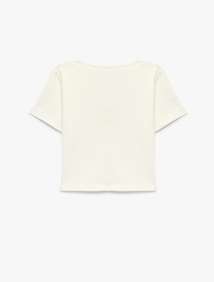 Kız Çocuk Kısa Kollu Slim Fit Bisiklet Yaka Pamuklu Baskılı Crop Tişört