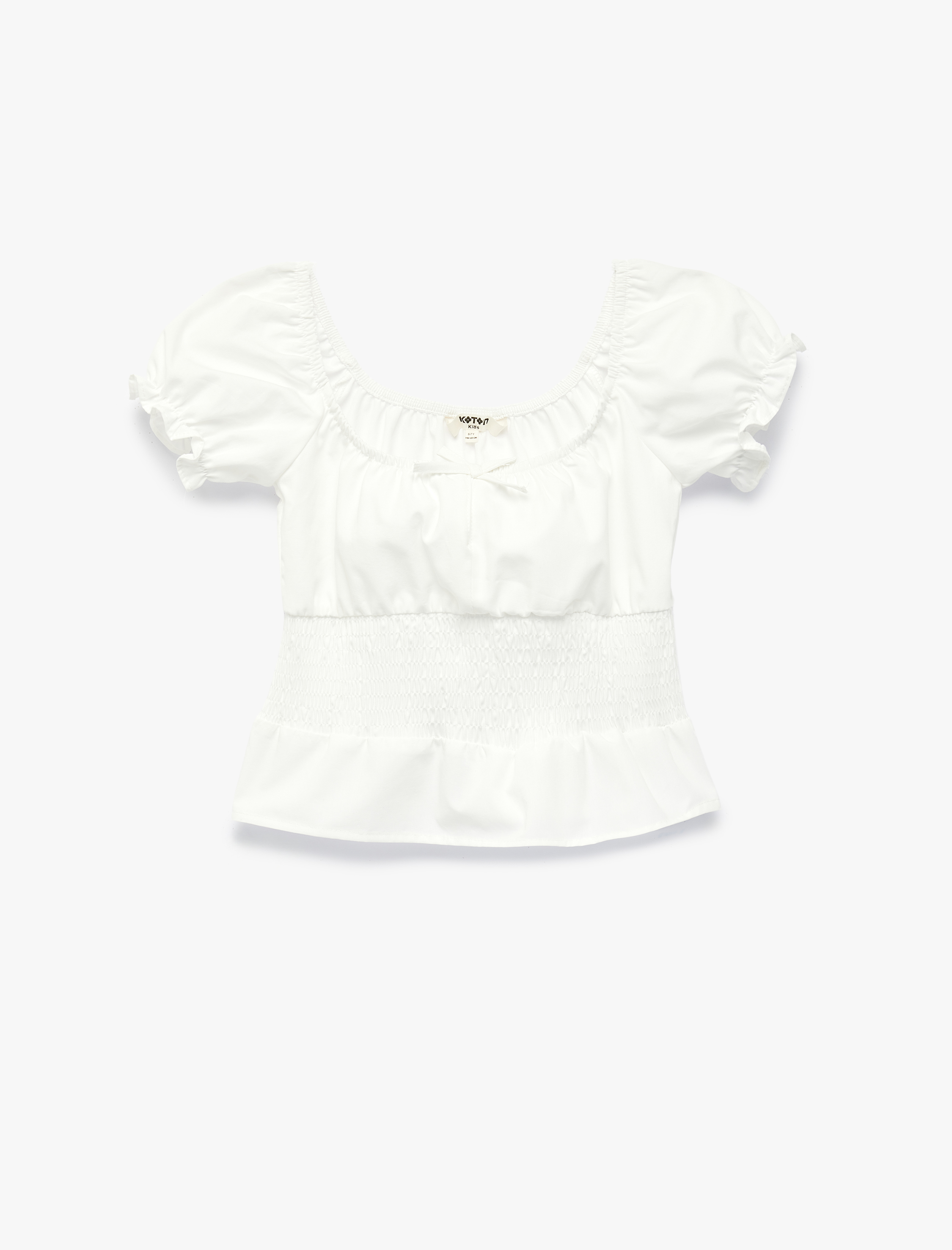  Kız Çocuk Pamuklu Kısa Kollu Fiyonk Detaylı Gipeli Crop Poplin Kayık Yaka Balon Kol Bluz