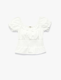 Pamuklu Kısa Kollu Fiyonk Detaylı Gipeli Crop Poplin Kayık Yaka Balon Kol Bluz