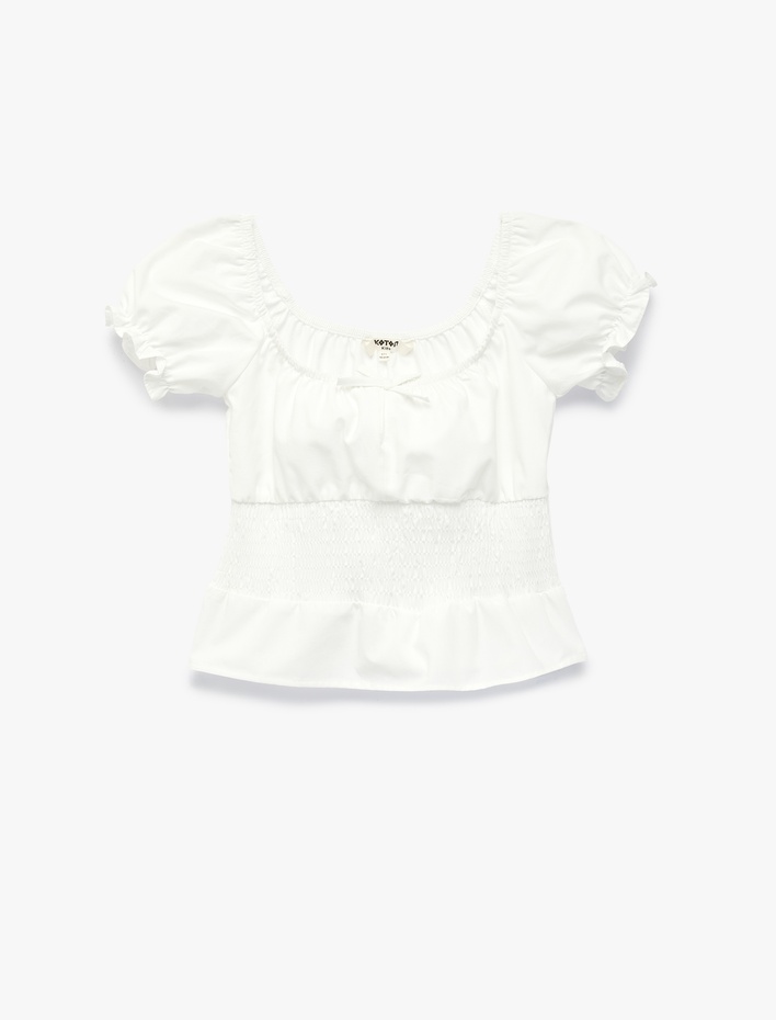 Kız Çocuk Pamuklu Kısa Kollu Fiyonk Detaylı Gipeli Crop Poplin Kayık Yaka Balon Kol Bluz