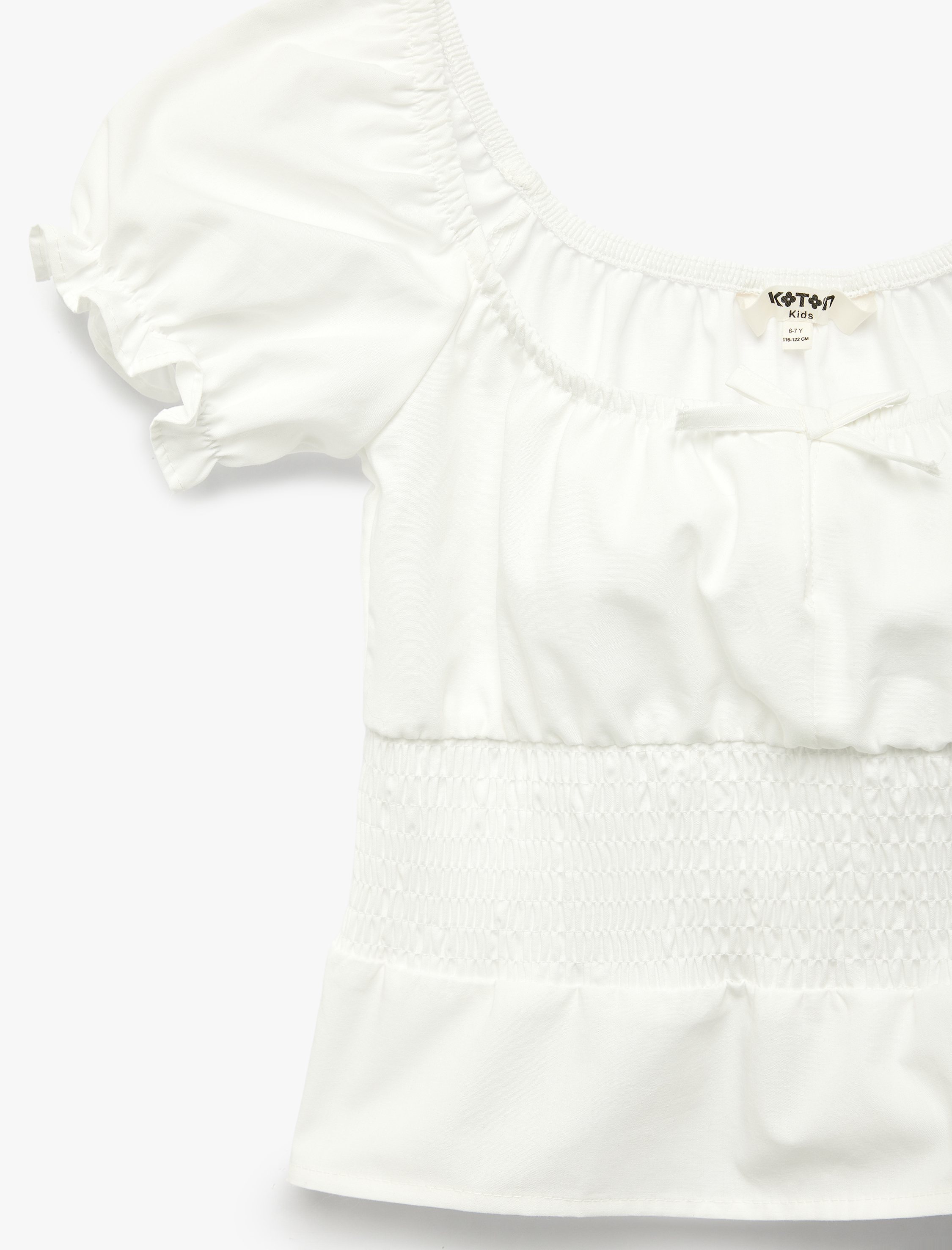  Kız Çocuk Pamuklu Kısa Kollu Fiyonk Detaylı Gipeli Crop Poplin Kayık Yaka Balon Kol Bluz