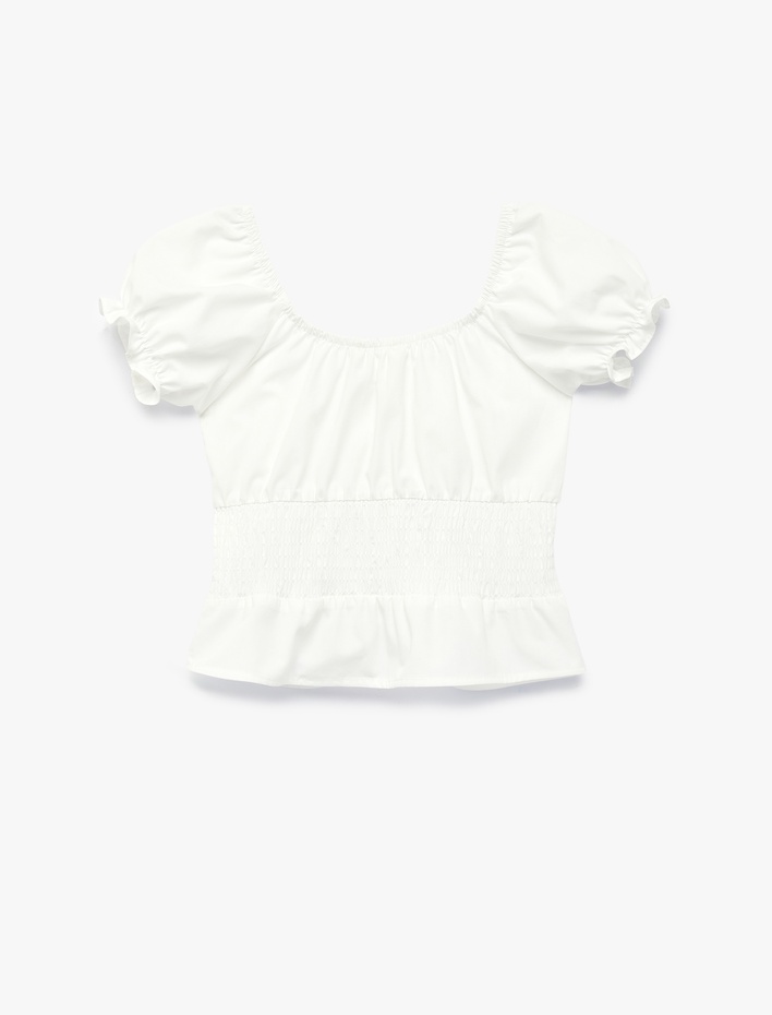 Kız Çocuk Pamuklu Kısa Kollu Fiyonk Detaylı Gipeli Crop Poplin Kayık Yaka Balon Kol Bluz