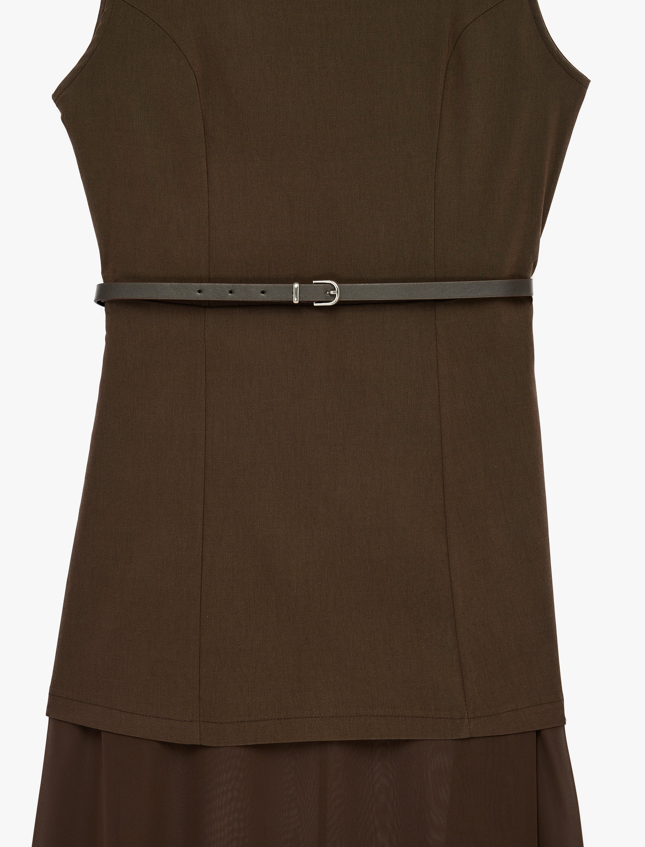   Slim Fit Bisiklet Yaka Kolsuz Kemerli Tül Detaylı Uzun Elbise