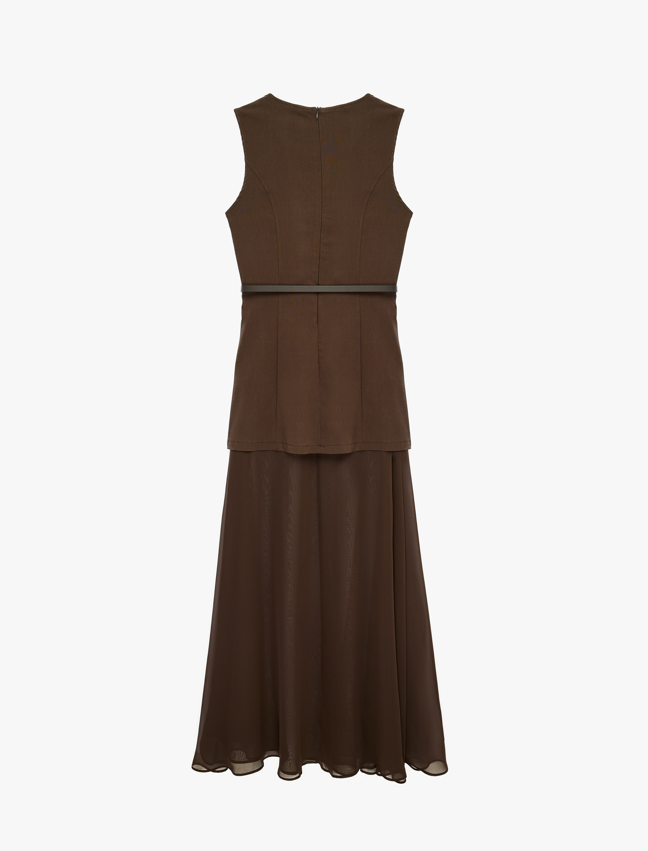   Slim Fit Bisiklet Yaka Kolsuz Kemerli Tül Detaylı Uzun Elbise