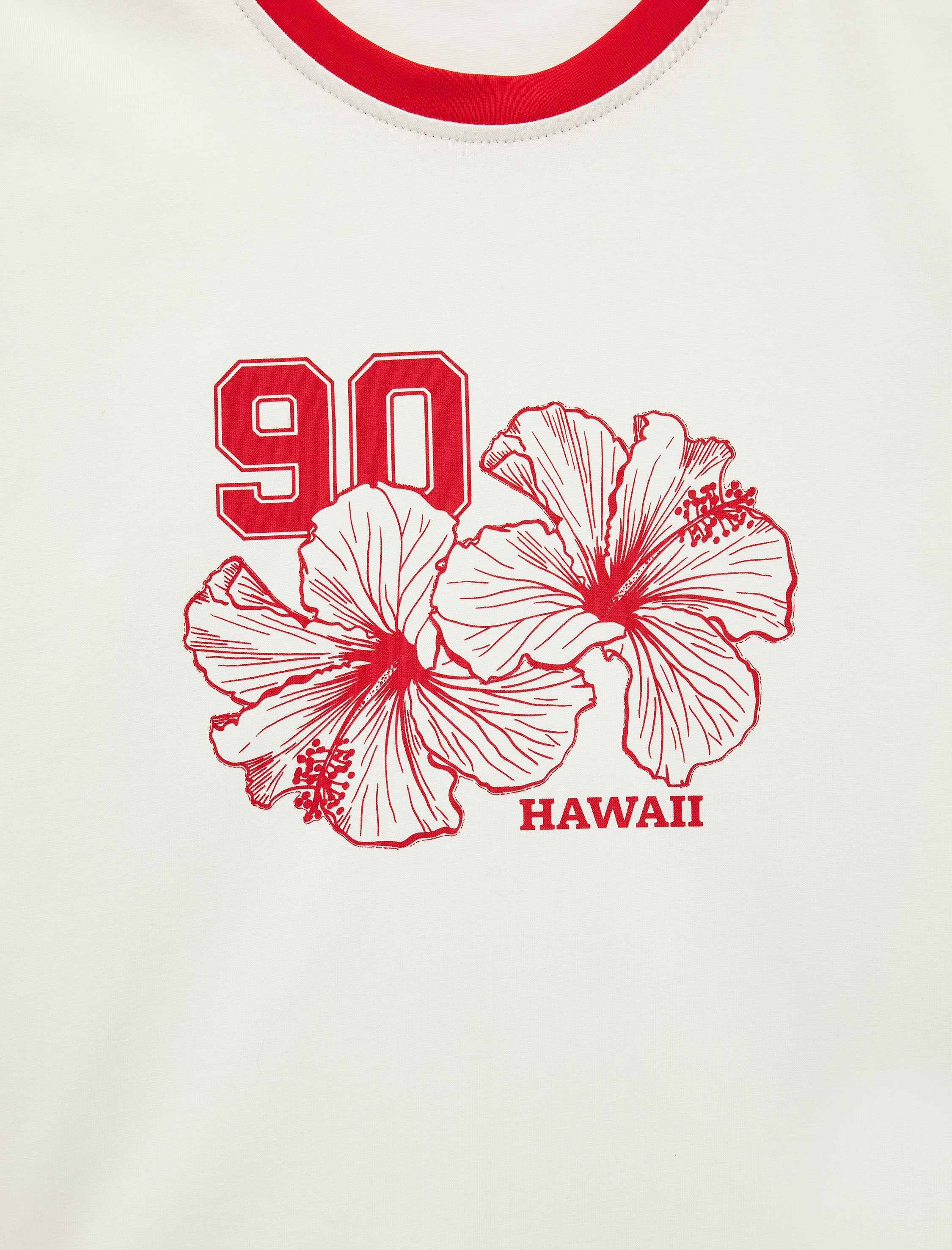   Biyeli Slim Fit Kısa Kollu Bisiklet Yaka Hibiskus Baskılı Crop Tişört