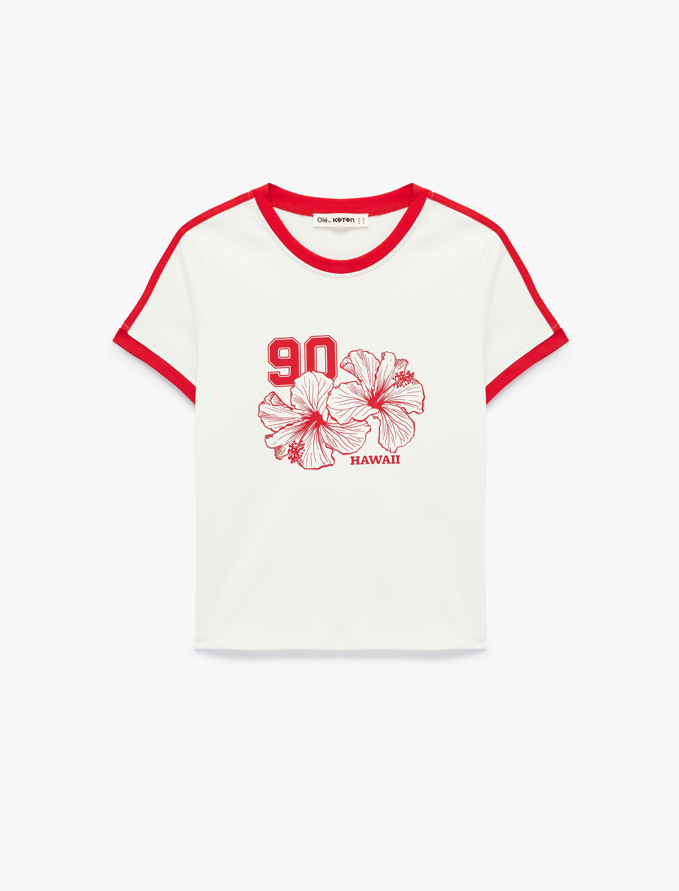   Biyeli Slim Fit Kısa Kollu Bisiklet Yaka Hibiskus Baskılı Crop Tişört