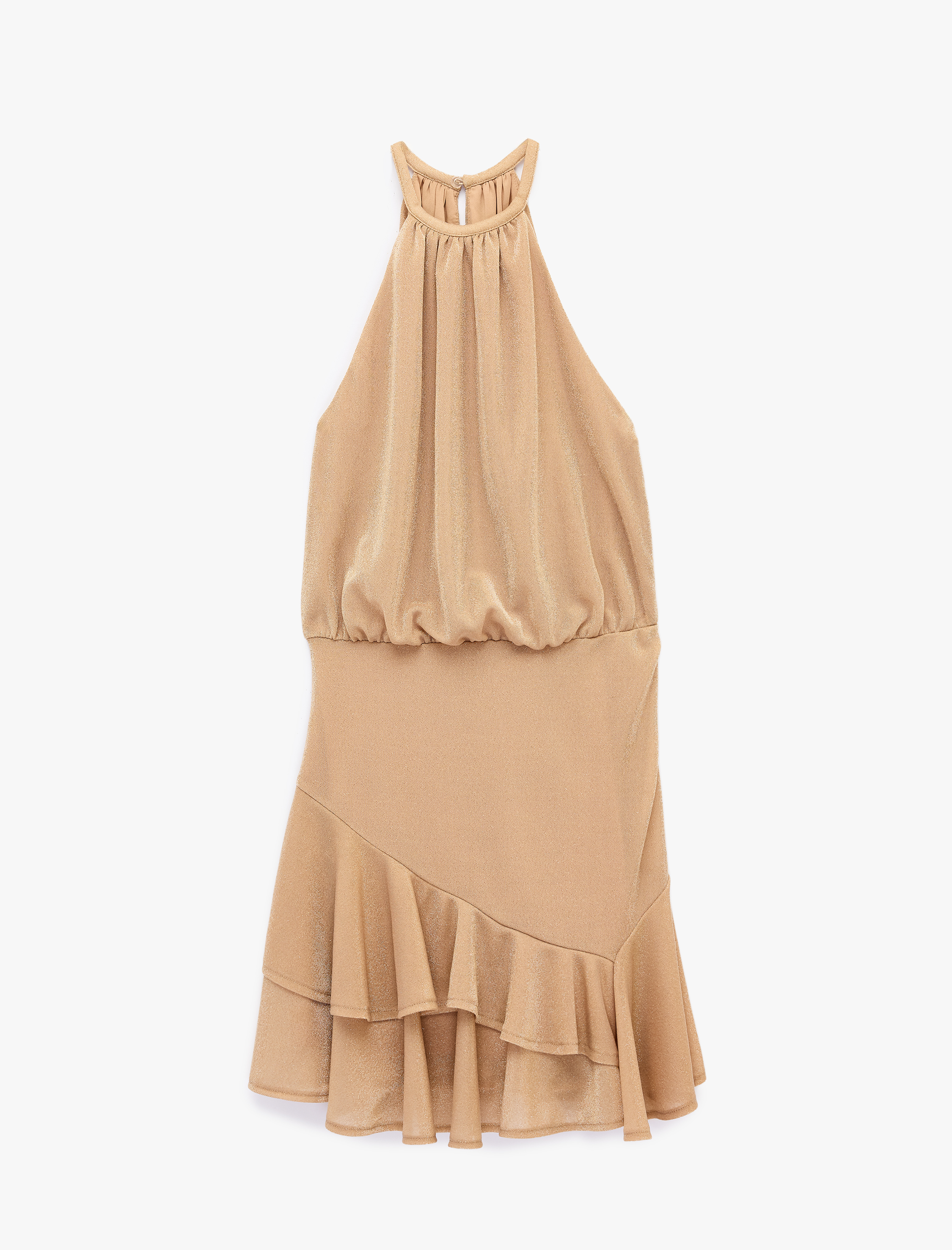   Halter Yaka Kolsuz Volanlı Katlı Metalik Mini Abiye Elbise