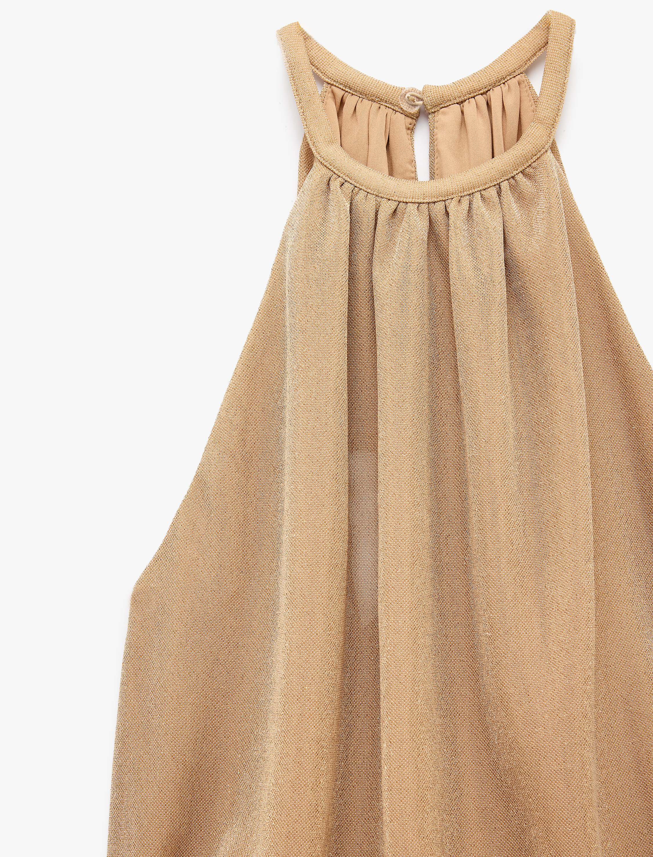   Halter Yaka Kolsuz Volanlı Katlı Metalik Mini Abiye Elbise