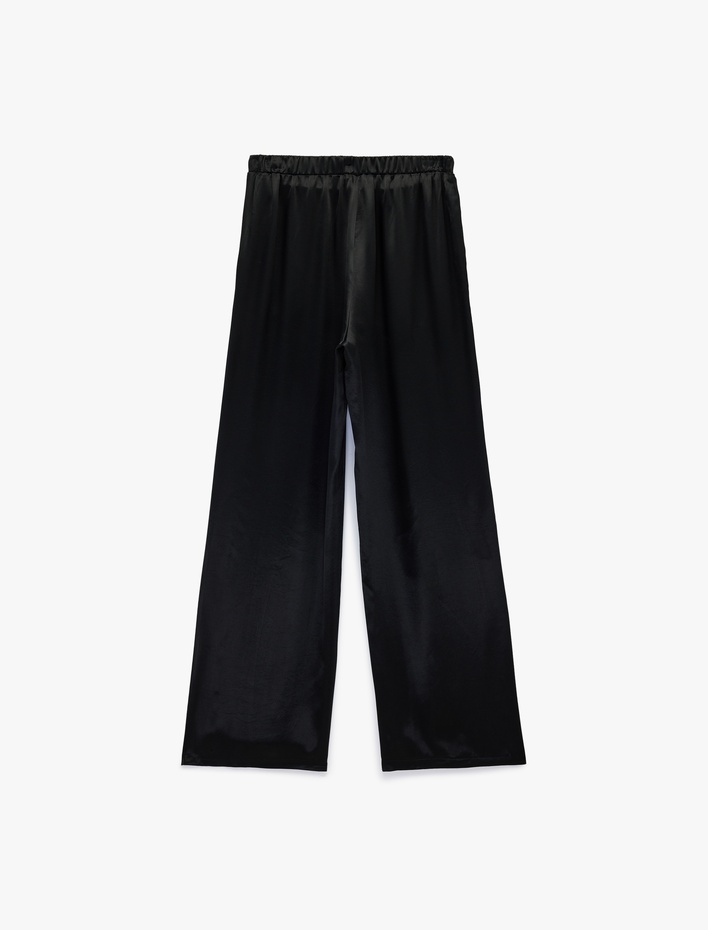  Yüksek Bel Cep Detaylı Viskon Geniş Paça Saten Pantolon