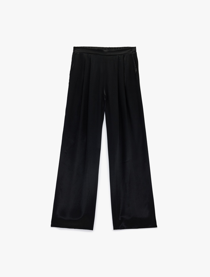  Yüksek Bel Cep Detaylı Viskon Geniş Paça Saten Pantolon