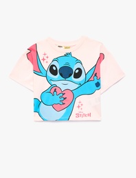 Pamuklu Kısa Kollu Bisiklet Yaka Lisanslı Stitch Baskılı Tişört
