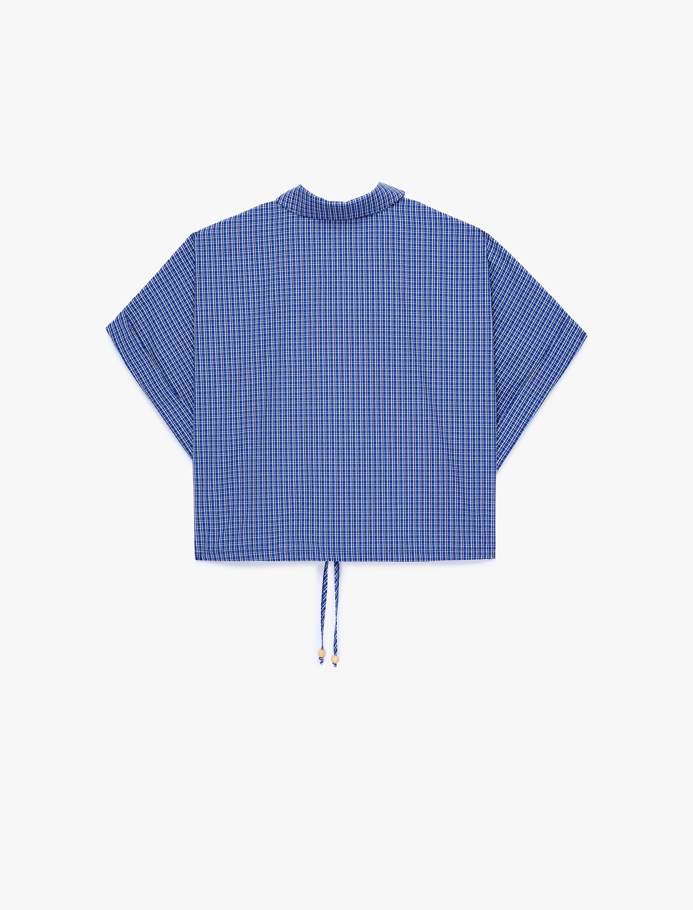   Pamuklu Düğmeli Beli Bağlama Detaylı Kısa Kollu Oversize Kareli Crop Gömlek