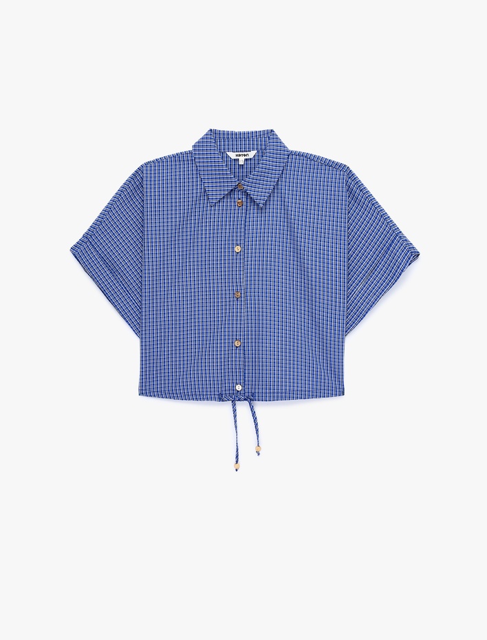  Pamuklu Düğmeli Beli Bağlama Detaylı Kısa Kollu Oversize Kareli Crop Gömlek