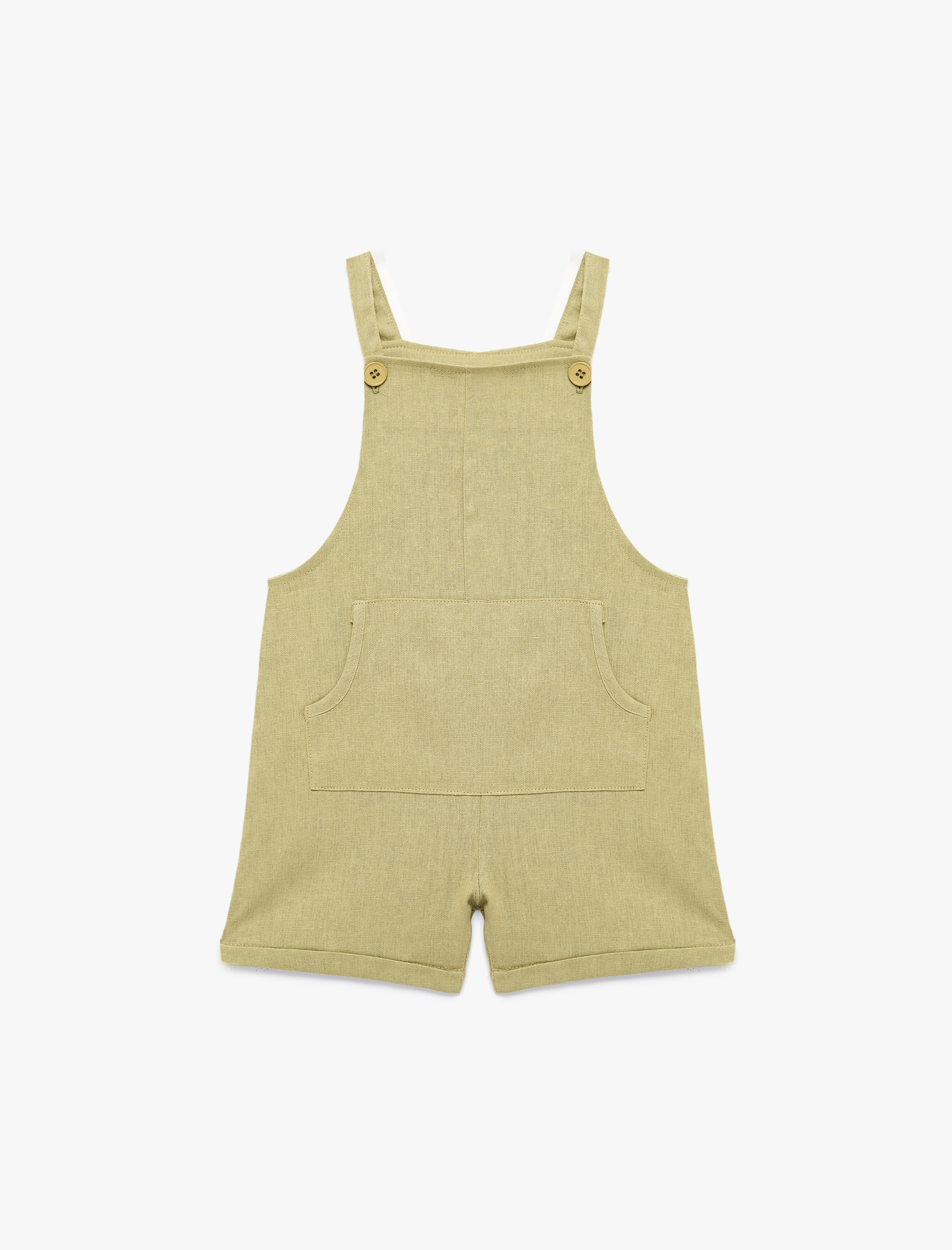  Erkek Bebek Askılı Kanguru Cepli Düğmeli Keten Viskon Karışımlı Kare Yaka Tulum