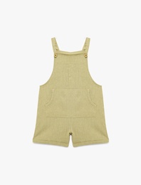 Askılı Kanguru Cepli Düğmeli Keten Viskon Karışımlı Kare Yaka Tulum