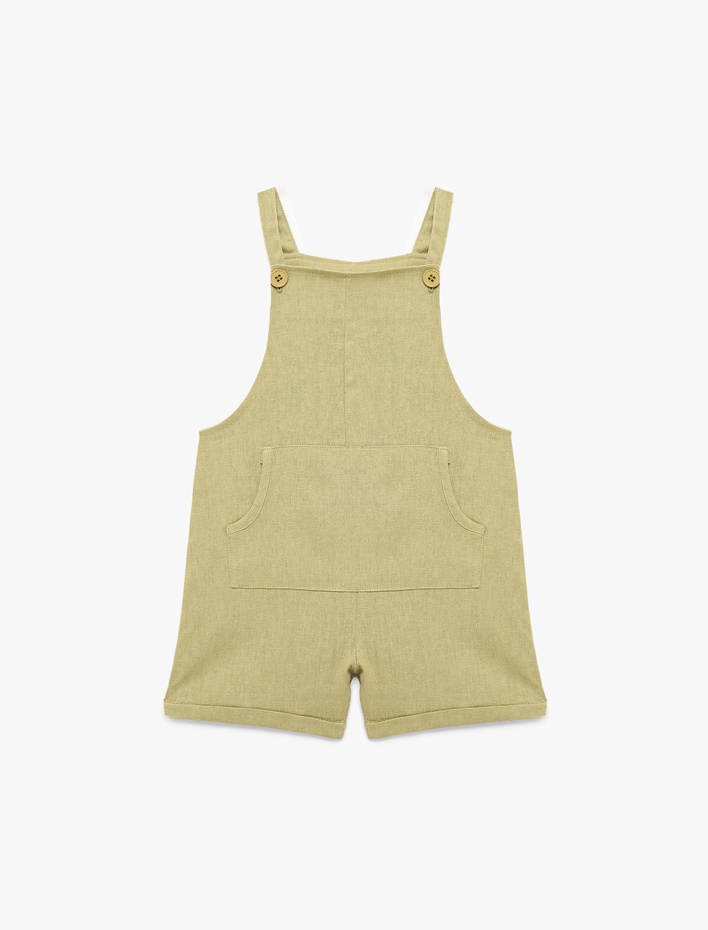 Erkek Bebek Askılı Kanguru Cepli Düğmeli Keten Viskon Karışımlı Kare Yaka Tulum