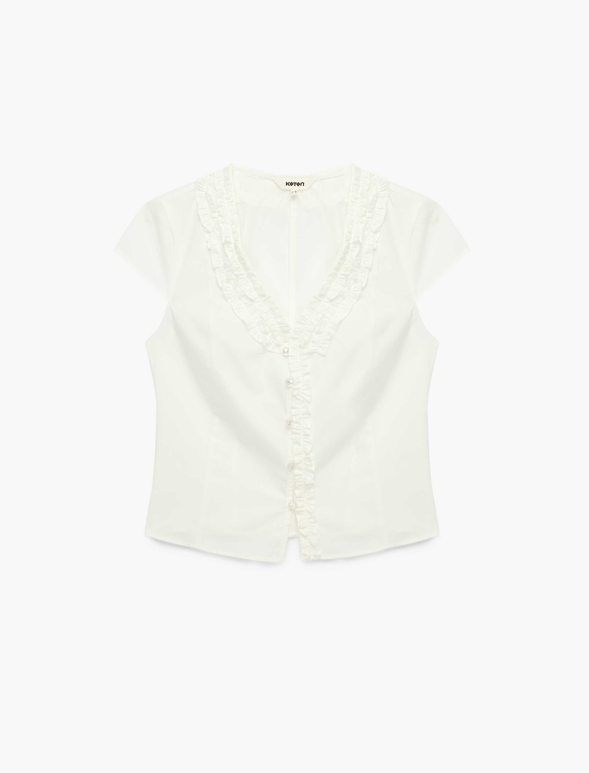   Pamuklu Slim Fit Kap Kol V Yaka Fırfırlı Poplin Gömlek