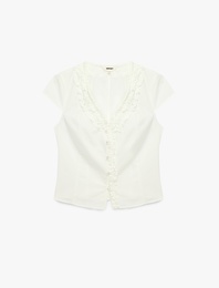 Pamuklu Slim Fit Kap Kol V Yaka Fırfırlı Poplin Gömlek