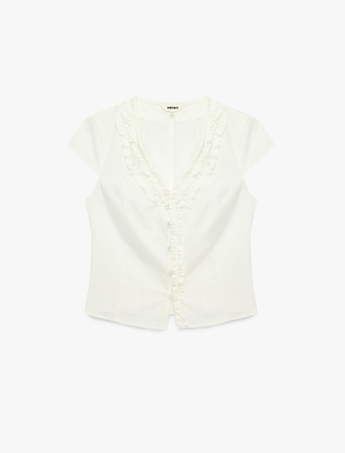  Pamuklu Slim Fit Kap Kol V Yaka Fırfırlı Poplin Gömlek