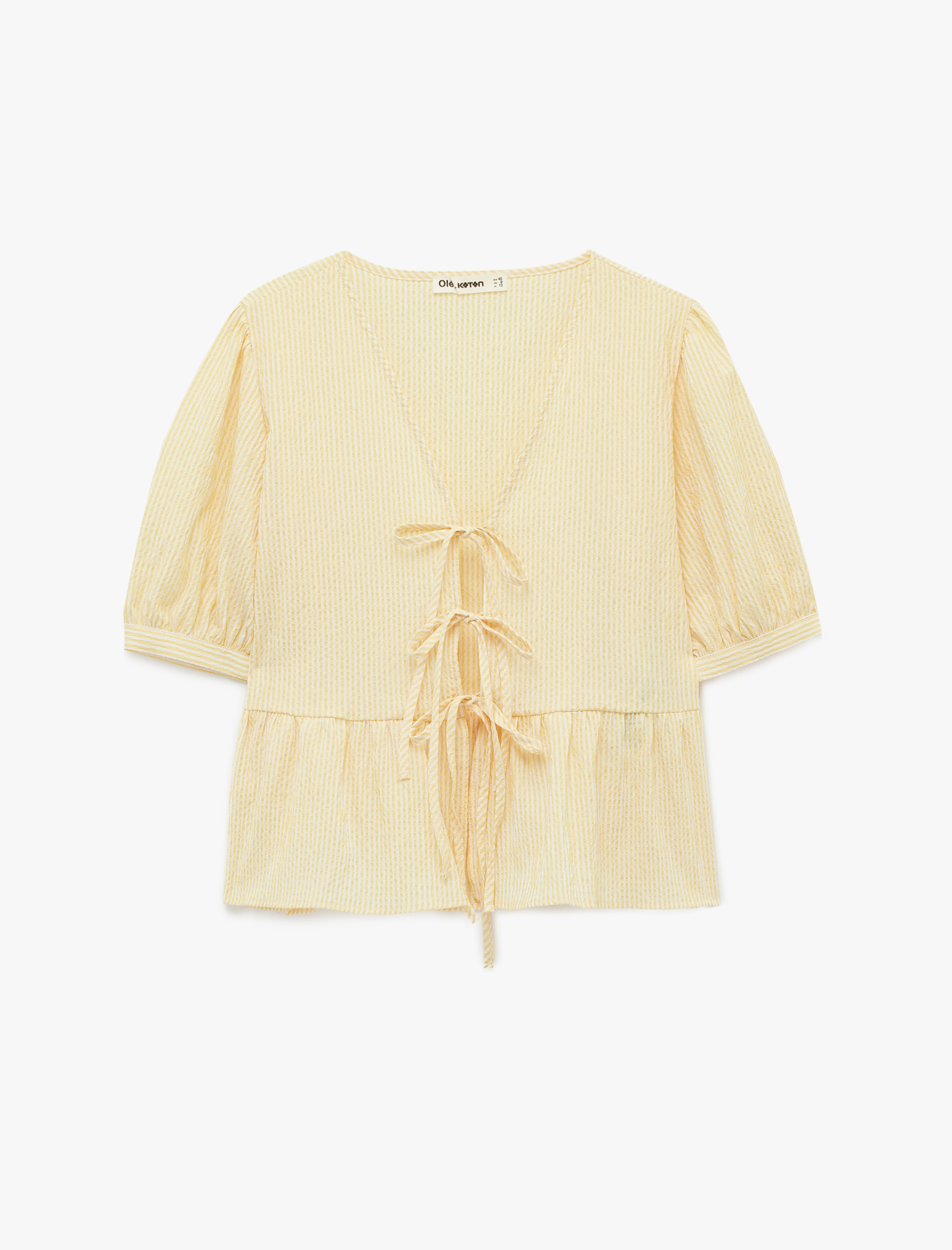   Rahat Kalıp Bağlama Detaylı Dokulu V Yaka Balon Kol Bluz