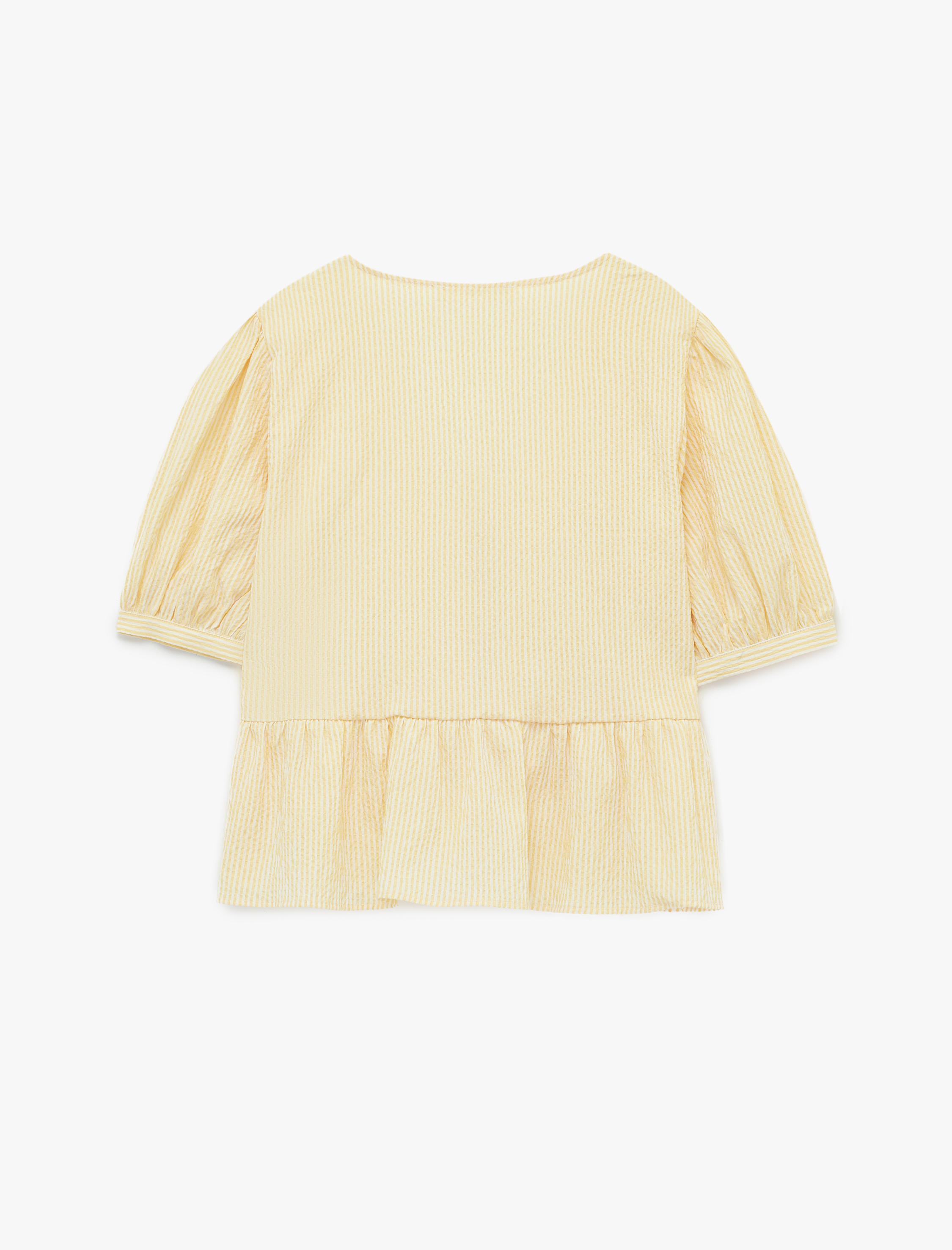   Rahat Kalıp Bağlama Detaylı Dokulu V Yaka Balon Kol Bluz