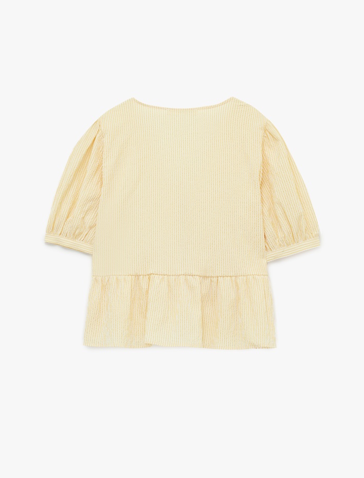  Rahat Kalıp Bağlama Detaylı Dokulu V Yaka Balon Kol Bluz