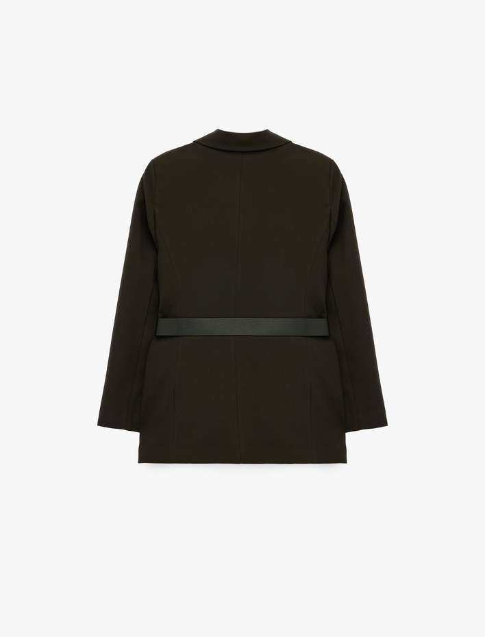  Düğmeli Cepli Geniş Yaka Kemer Detaylı Blazer Ceket