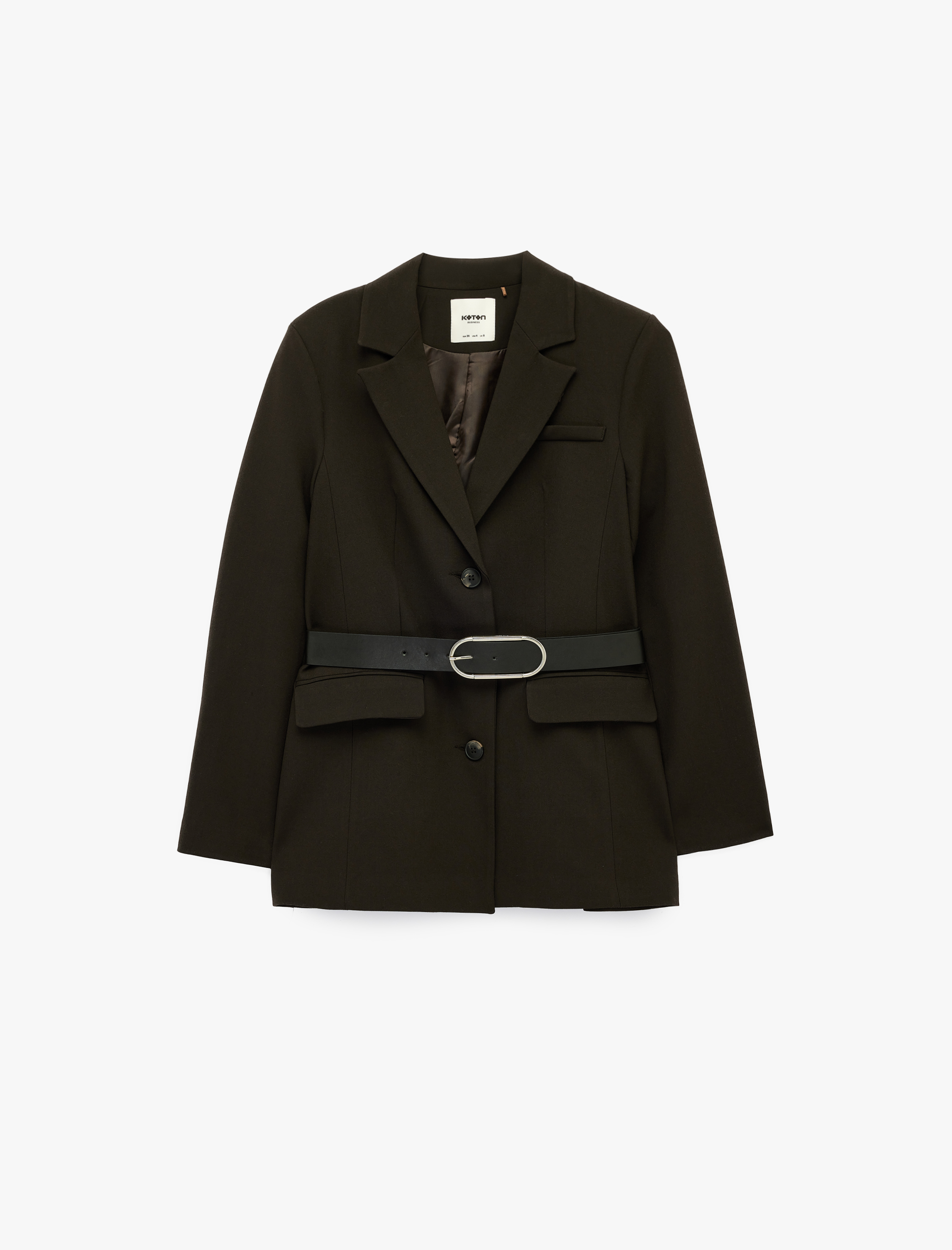   Düğmeli Cepli Geniş Yaka Kemer Detaylı Blazer Ceket