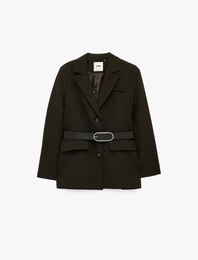 Düğmeli Cepli Geniş Yaka Kemer Detaylı Blazer Ceket