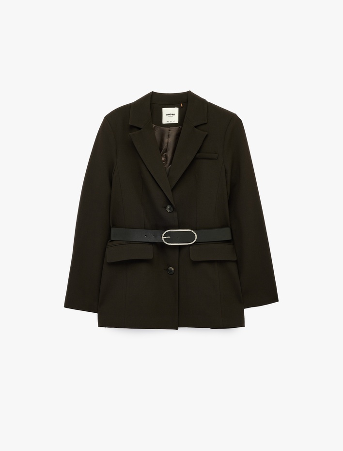  Düğmeli Cepli Geniş Yaka Kemer Detaylı Blazer Ceket