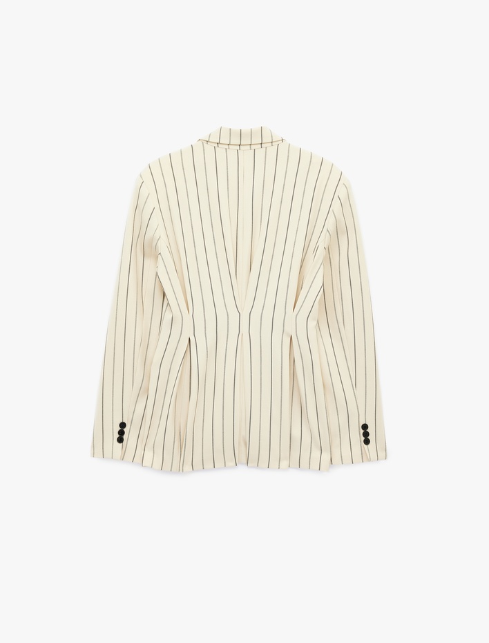  Uzun Kollu Cep Detaylı Düğmeli Çizgili Kruvaze Yaka Blazer Ceket