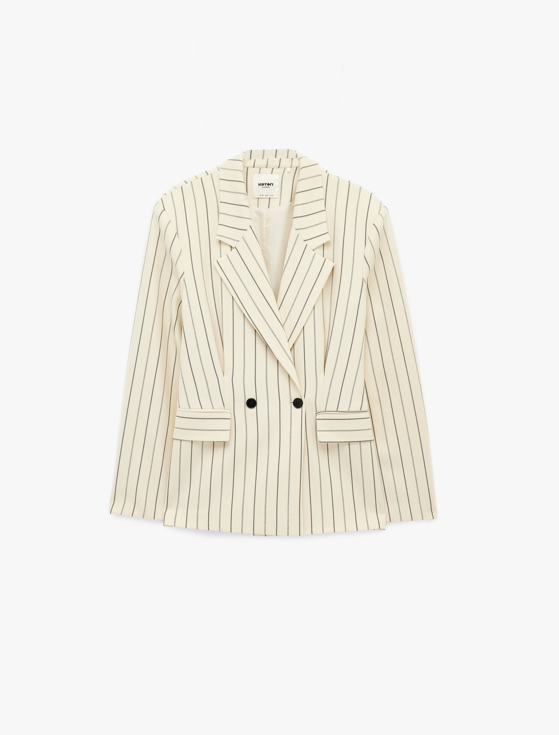   Uzun Kollu Cep Detaylı Düğmeli Çizgili Kruvaze Yaka Blazer Ceket