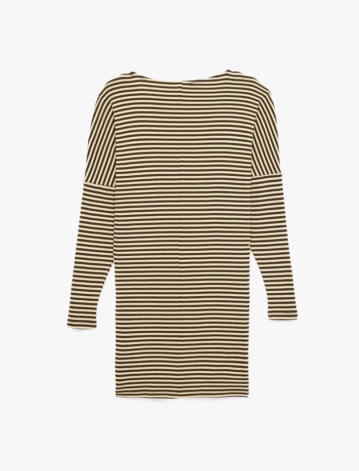  Viskon Bağlama Detaylı Çizgili Kayık Yaka Uzun Kollu Mini Elbise