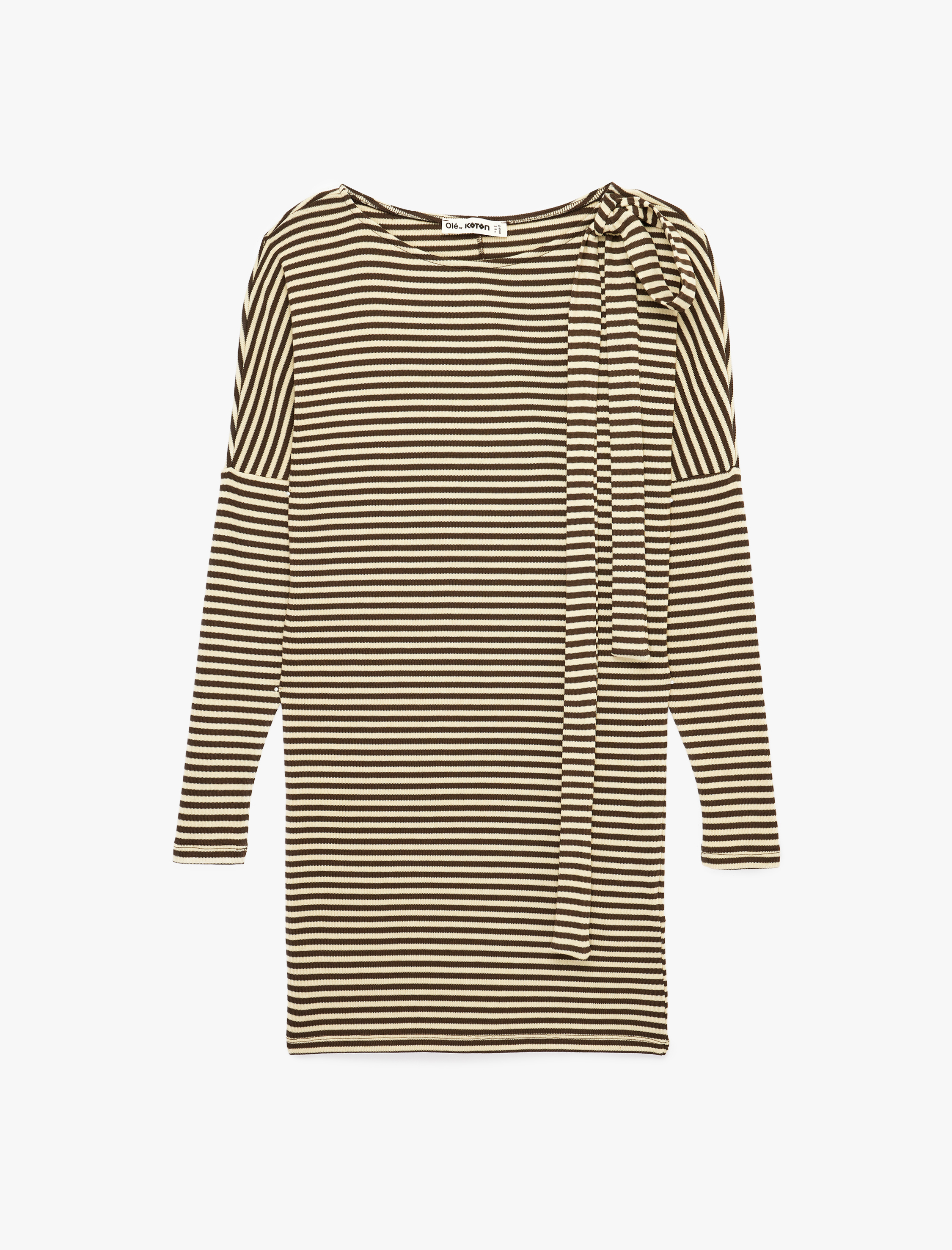   Viskon Bağlama Detaylı Çizgili Kayık Yaka Uzun Kollu Mini Elbise