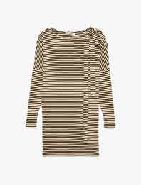 Viskon Bağlama Detaylı Çizgili Kayık Yaka Uzun Kollu Mini Elbise