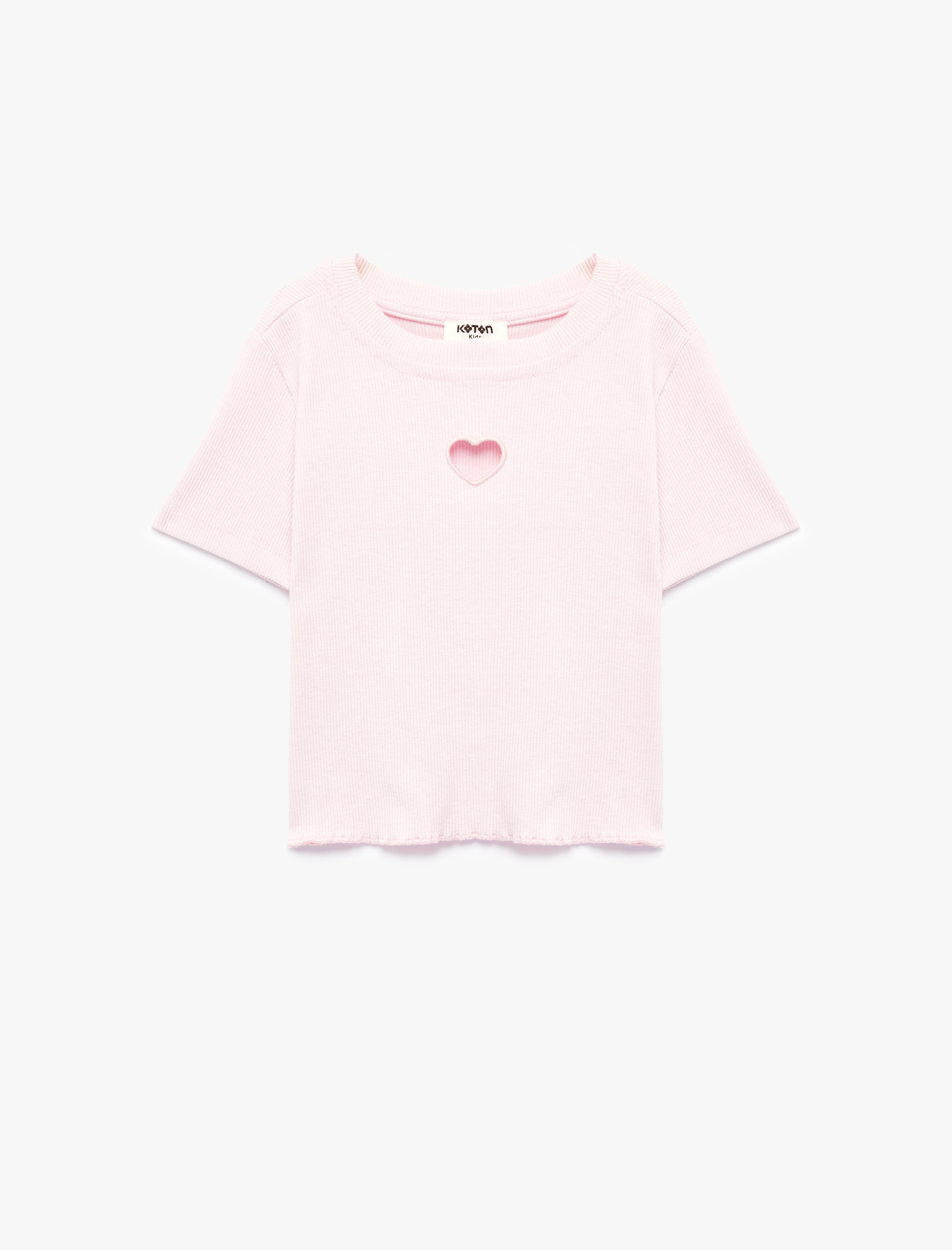  Kız Çocuk Pamuklu Kısa Kollu Kalp Pencere Detaylı Crop Tişört