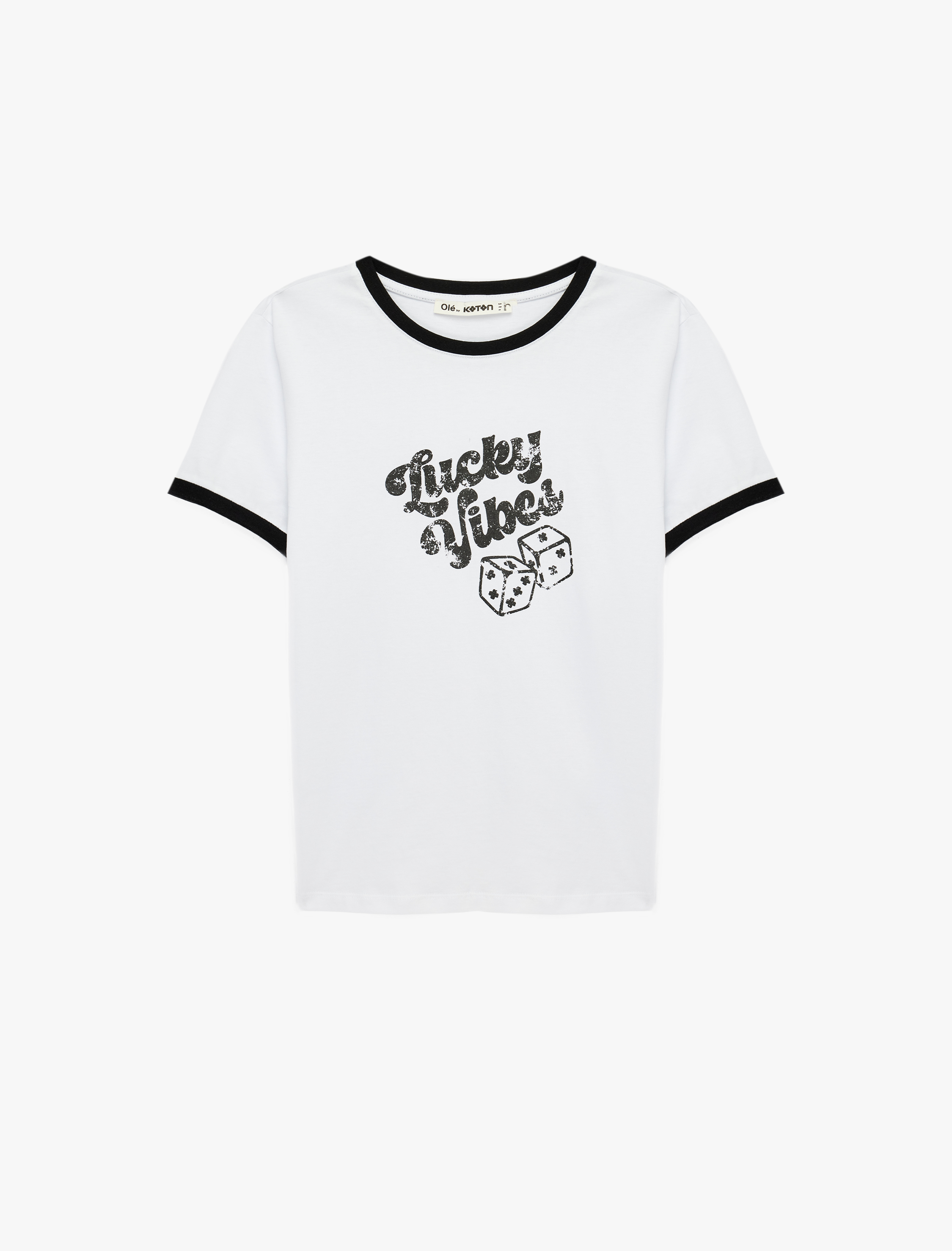   Pamuklu Biyeli Kısa Kollu Bisiklet Yaka Zar Baskılı Tişört