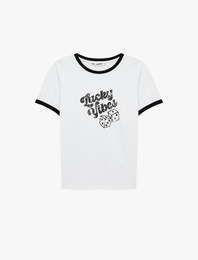 Pamuklu Biyeli Kısa Kollu Bisiklet Yaka Zar Baskılı Tişört