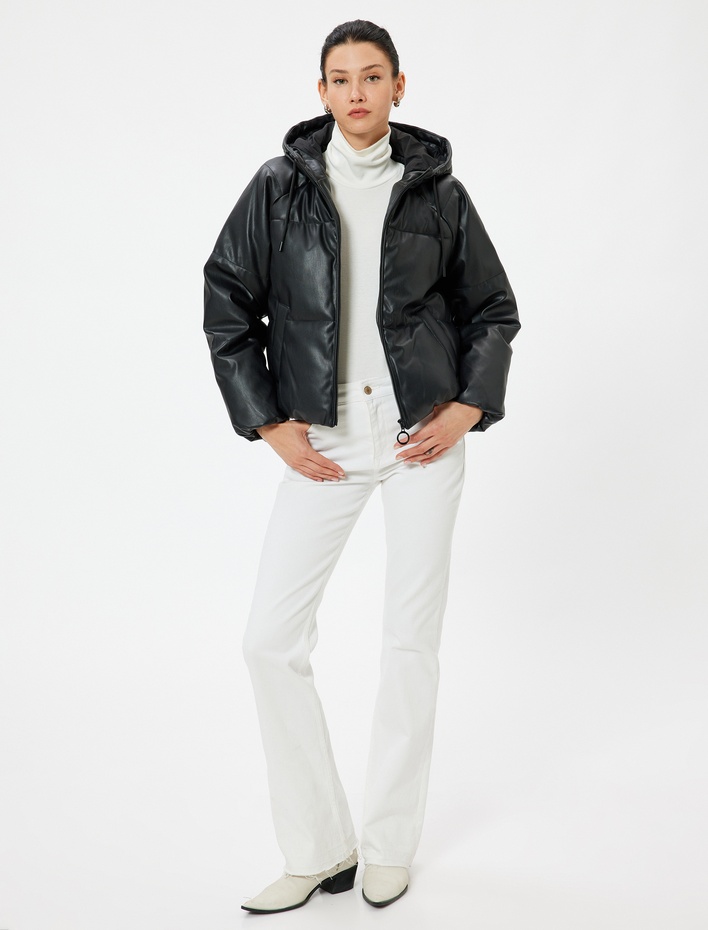  Suni Deri Kapşonlu Şişme Mont Cepli Fermuarlı