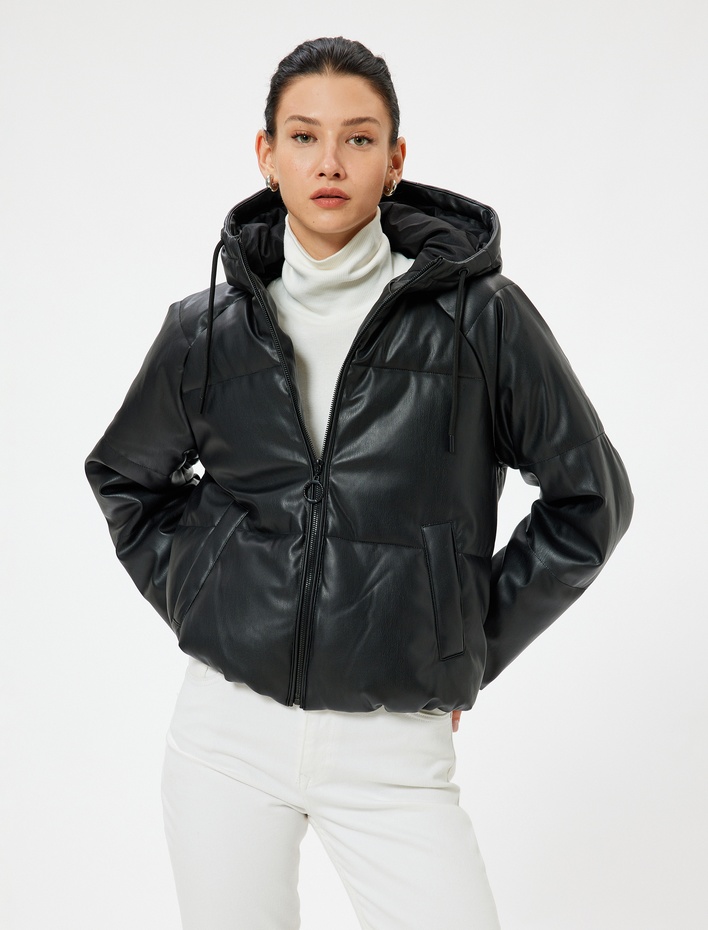  Suni Deri Kapşonlu Şişme Mont Cepli Fermuarlı