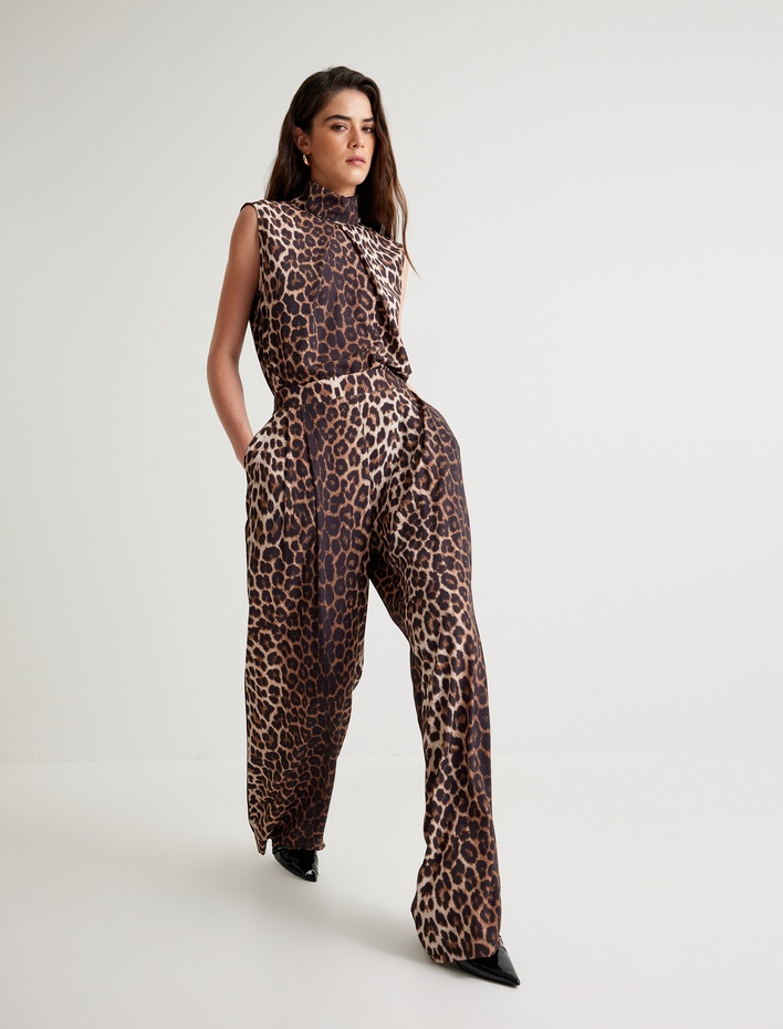  Leopar Desenli Palazzo Pantolon Cepli Krep Kumaş Pile Detaylı