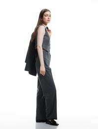 Cepli Standart Bel Düz Bol Paça Kumaş Pantolon