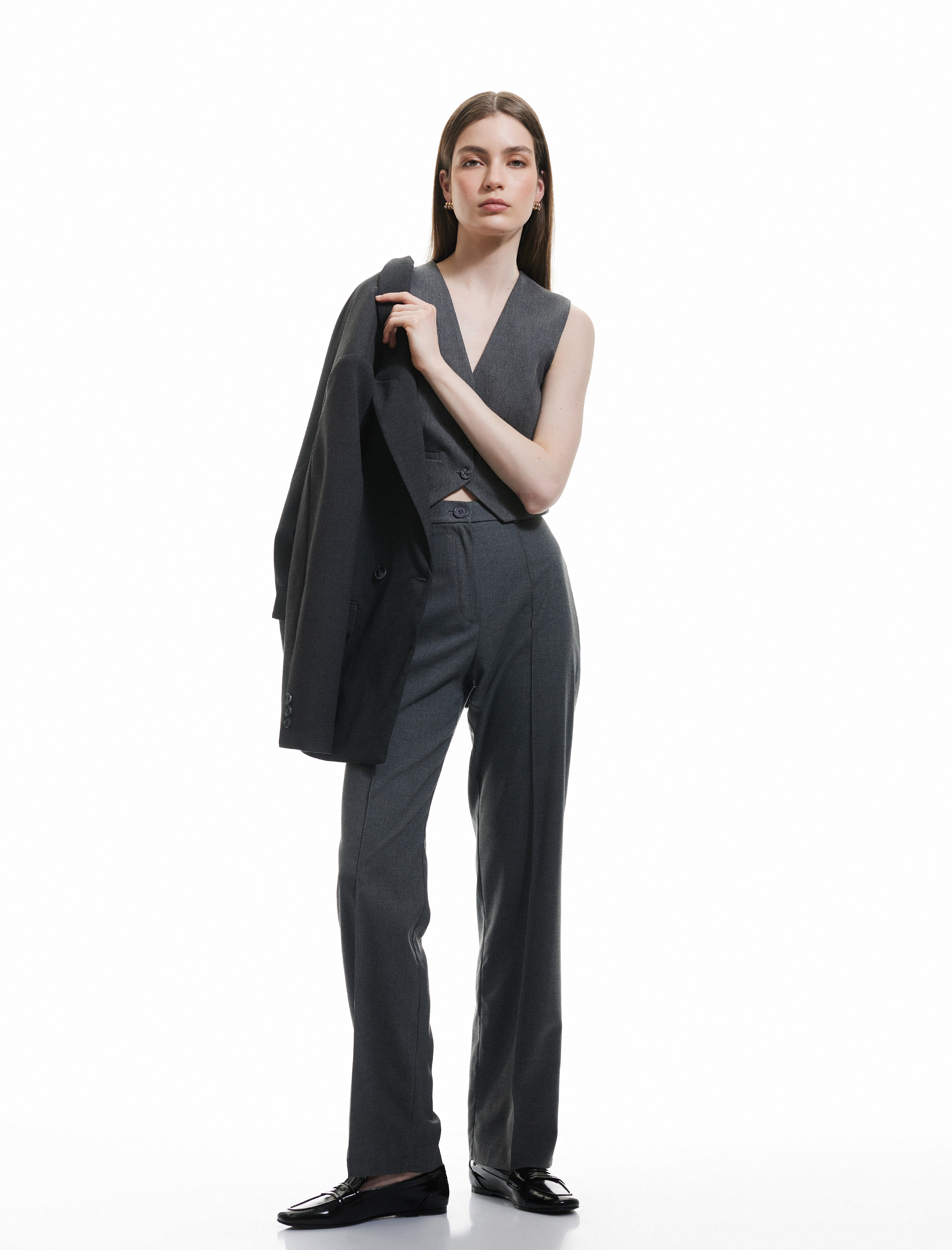   Cepli Standart Bel Düz Bol Paça Kumaş Pantolon