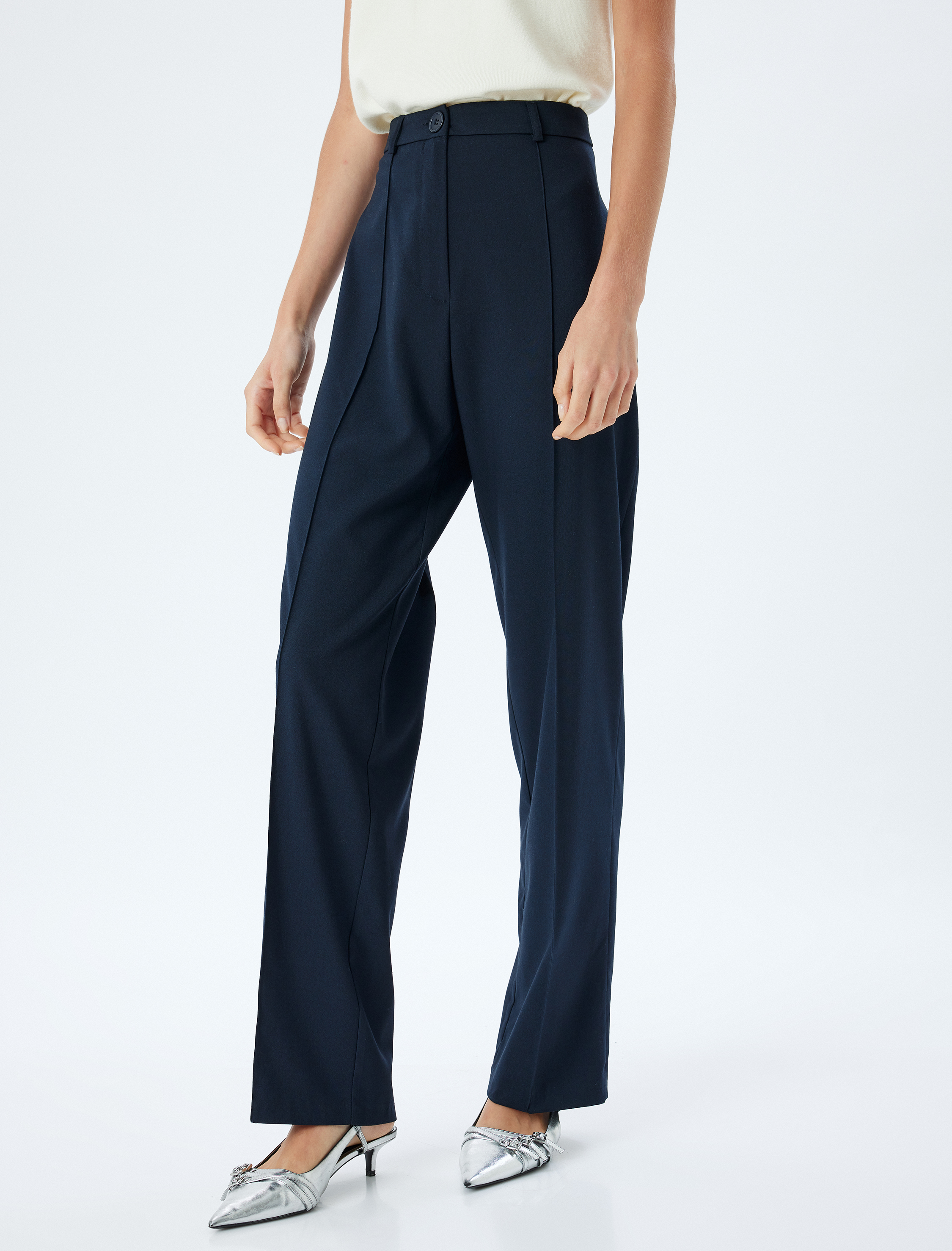   Cepli Standart Bel Düz Bol Paça Kumaş Pantolon