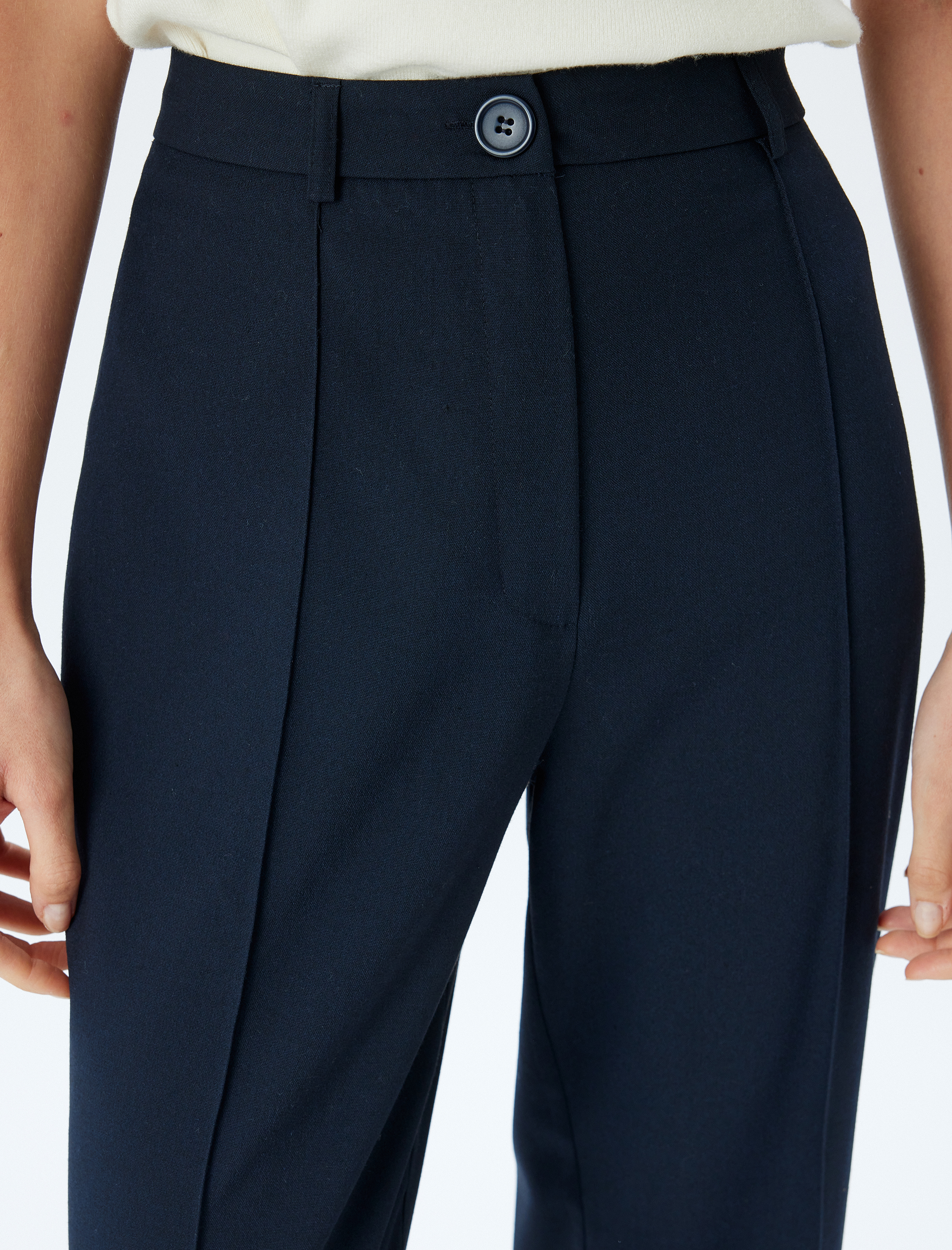   Cepli Standart Bel Düz Bol Paça Kumaş Pantolon