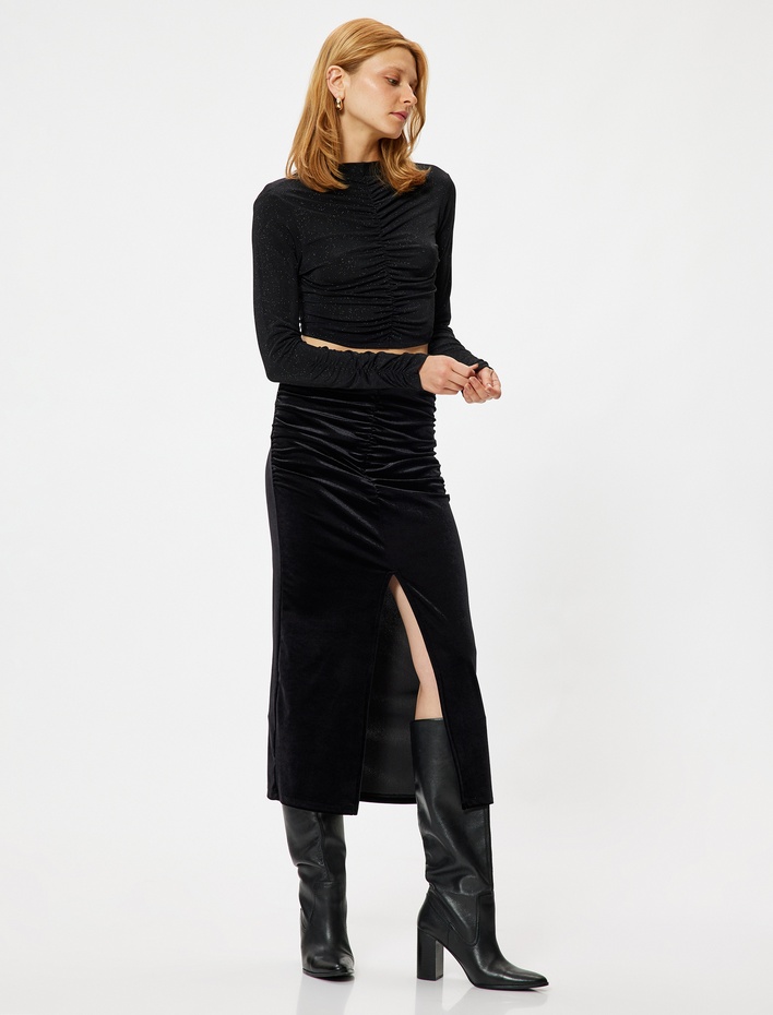  Önden Yırtmaç Detaylı Drapeli Slim Fit Midi Boy Kalem Kadife Etek