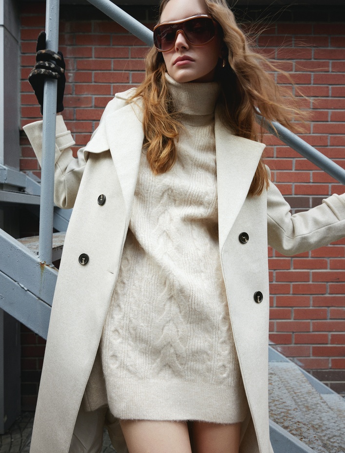  Midi Boy Triko Elbise Balıkçı Yaka Saç Örgü Dokulu Rahat Kalıp